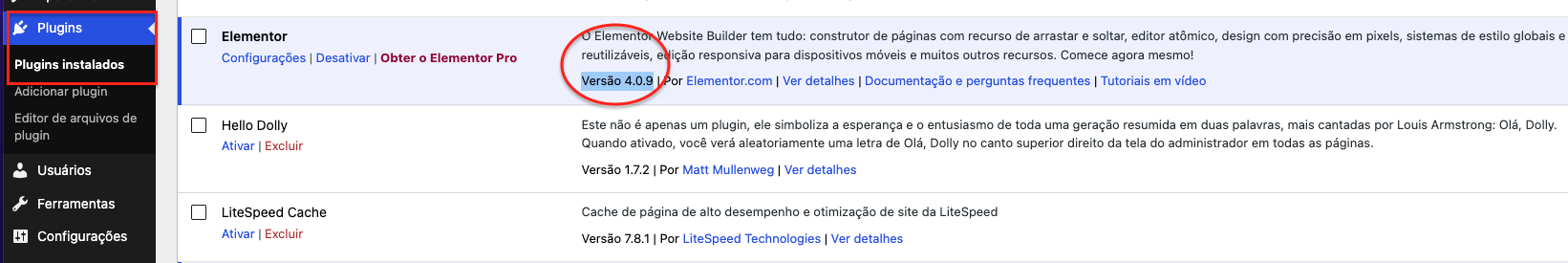Versão Elementor Free e Pro no painel WordPress